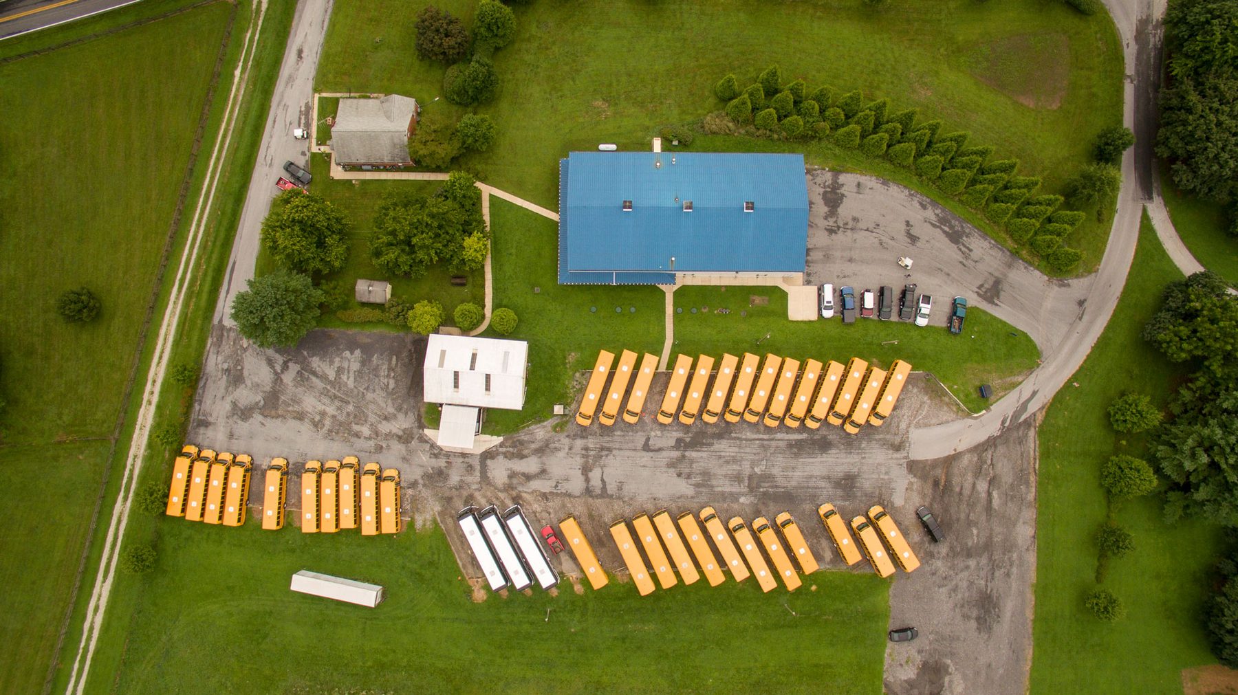 Aerial view of the Rill's Bus Service yard in Westminster, Maryland